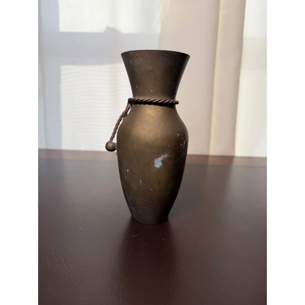 Vintage Brass Bud Vase Flared Rim Twisted Rope Accent Aged Patina 7 Inch